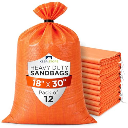 Heavy Duty Sand Bags Pack of 12, Bright Orange Empty Sandbags with Built-In Ties, Woven Polypropylene UV Protection 1600 Hours, Fillable Bags for Flood Control, Weight, 18x30 inches, 75 Pounds Volume - size: 18"W x 30"L, style: Pack of 12