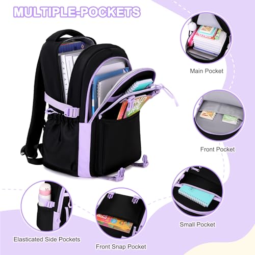 Scothen 3PCS Girls Backpack for School, Kids Backpack for Girls with Lunch Bag Pencil Case, Kids Bookbag Teen Backpacks for Elementary Middle High School (Black-Purple) - color: Black-purple