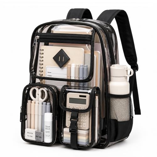 PIG PIG GIRL Clear Backpack for School,Heavy Duty PVC Transparent Bookbag for Girls Stadium Approved See Through Backpack - color: Black and Gray