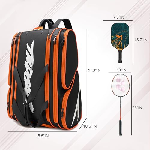 TILDOSAC Pickleball Bag - Large Paddle Bag for 4 Paddles & Accessories - Fence Hook, Extra Pockets, Shoe Compartment - color: Black