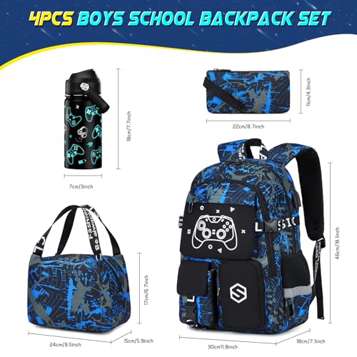 Scothen Boys Backpack, Cool Luminous Gamer School Backpacks for Boys with 14oz Insulated Water Bottle Lunch Bag Pencil Case, Kids Backpack Book Bags for Kindergarten Elementary Middle School - color: Blue