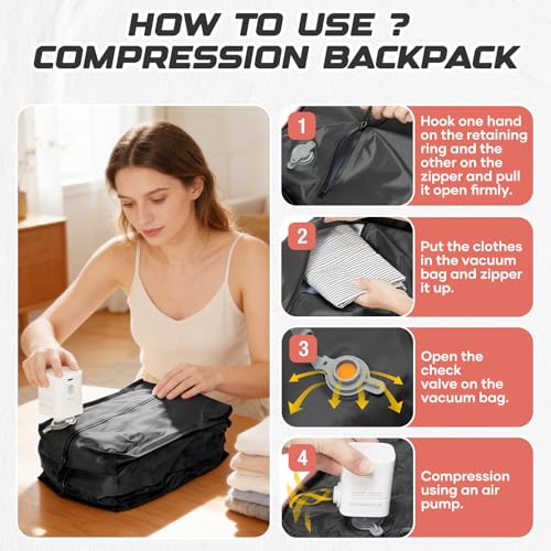 Travel Backpack with Compression Vacuum Storage Bag & Electric Pump, Expandable Flight Approved Carry On Backpack, 18x14x8 inches Personal Item Travel Bag for Men Women, Pink - color: Pink