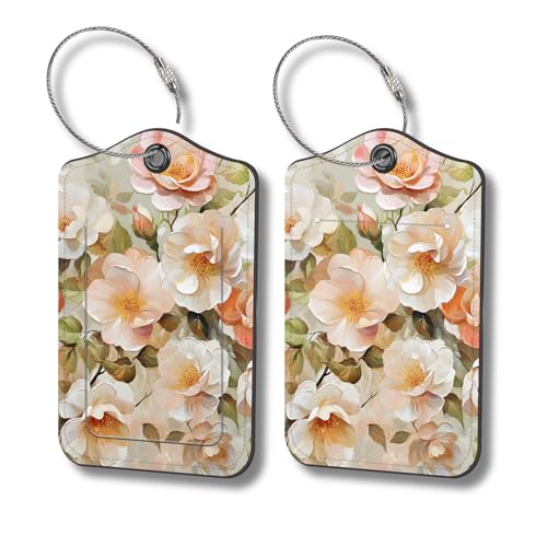 Luggage Tags for Suitcases, 2-Pack PU Leather for Cruise & Travel, Baggage ID Tags with Privacy Cover & Address Card, Durable Metal Ring, Kids Adults Travel Accessories, Soft Hued Roses - color: Soft Hued Roses