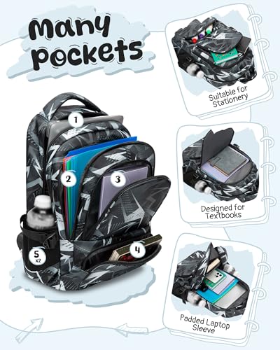 BLUEFAIRY Kids School Backpack for Boys Girls Ages 6-8 8-10 10-12 Elementary Middle School Book Bags with Laptop Compartment Mochilas Escolares para Niños Niñas de 8 10 12 Años (Black, Geometric) - color: Black