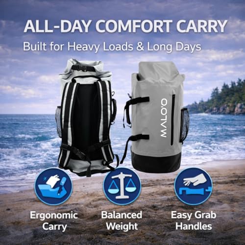 Malo’o 45L Waterproof Dry Bag Backpack – Heavy Duty Roll Top Fishing & Beach Backpack, IPX6 Water Resistant Gear Bag for Kayaking, Camping, Surf, Travel & Outdoor Adventure - color: Gray