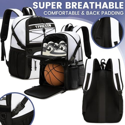 Basketball Bag Backpack with Ball Holder and Shoes Compartment - color: White