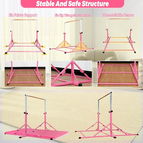 Marfula Gymnastic Bar For Kid and Teenage of 3-25, 5Ft/8 FT Base Length 4Ft Width 5Ft Adjust Height, Gymnastic Kip Bar For Gymnast, Gymnastic Training Equipment For Professional Training Home Club Use - color: Bar With Mat-Hot Pink(5 Ft Base)
