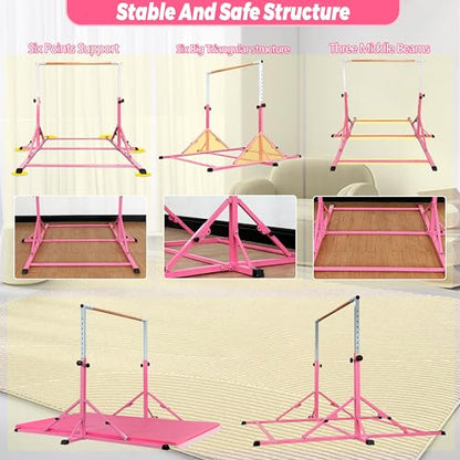 Marfula Gymnastic Bar For Kid and Teenage of 3-25, 5Ft/8 FT Base Length 4Ft Width 5Ft Adjust Height, Gymnastic Kip Bar For Gymnast, Gymnastic Training Equipment For Professional Training Home Club Use - color: Bar With Mat-Hot Pink(5 Ft Base)