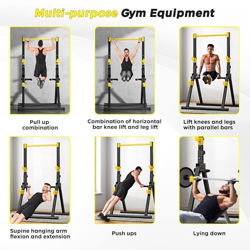DlandHome Foldable Power Tower Pull Up Bar Dip Station, Adjustable Height Multifunction Workout Pull Up Tower Station for Home Gym, Strength Training Equipment, Triangular Legs, Up to 330lbs - color: Yellow
