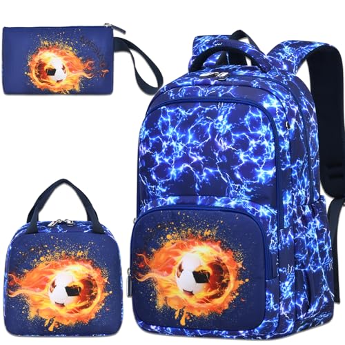 3PCS Kids Backpack Set, School Backpack with Lunch Bag & Pencil Case, Lightweight Waterproof Bookbag for Kids (Flame Soccer Blue) - color: Flame Soccer Blue