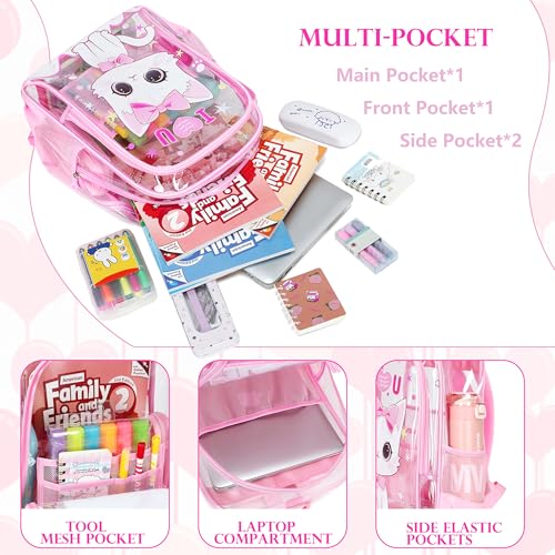 AO ALI VICTORY Clear Backpack for School,PVC Transparent Kids Bookbag for Girls Boys Cute Toddler Back Pack Kindergarten Elementary Schoolbag Stadium Approved See Through Backpacks,Pink Cat - color: Pink Cat