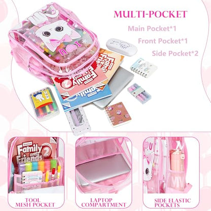 AO ALI VICTORY Clear Backpack for School,PVC Transparent Kids Bookbag for Girls Boys Cute Toddler Back Pack Kindergarten Elementary Schoolbag Stadium Approved See Through Backpacks,Pink Cat - color: Pink Cat