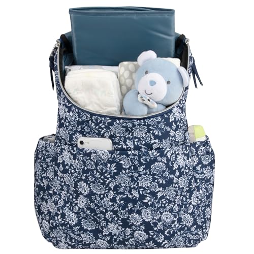 Multi-Function Floral Diaper Backpack and Travel Nappy Baby Bag with Changing Pad and Stroller Straps - color: Navy Blue Floral