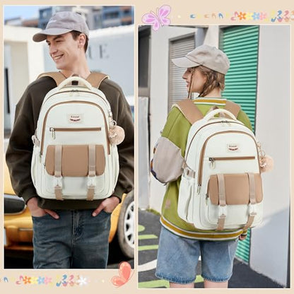 School Backpack for Teen Girls College Backpacks for Women Students Bookbag Large 15.6 Inch Laptop Bags Kids Kindergarten Elementary Middle School Bag Anti Theft Daypack Travel Back Pack Beige - color: Off-white