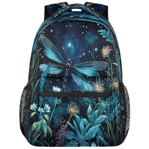 Dragonfly Backpack with Chest Strap, Casual Backpack for Women Men, 16 Inch Daypack for Travel Work, Spring Floral - color: White