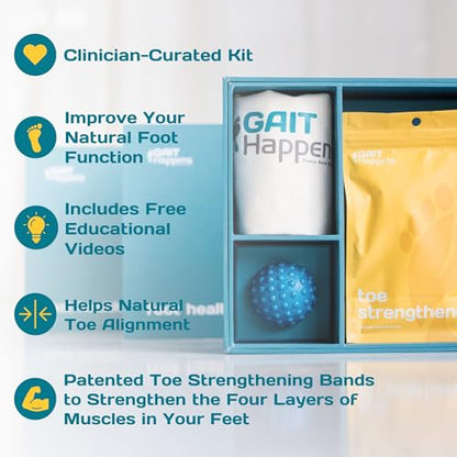 Gait Happens Foot Health Kit – Strengthen & Mobilize Your Feet. Includes: Toe Spacers, Toe Strengtheners, Massage Ball, Resistance Band and Carrying Bag - size: Large