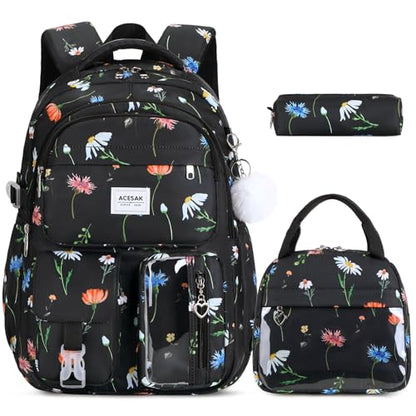 ACESAK Backpack for Girls - Girls Backpack with Lunch Bag & Pencil Pouch for Teen Kids Laptop Backpack for Women, Elementary Middle High School Bookbag Travel Daypack (Black Flower) - color: Black Flower