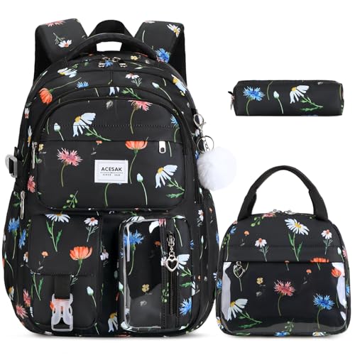 ACESAK Backpack for Girls - Girls Backpack with Lunch Bag & Pencil Pouch for Teen Kids Laptop Backpack for Women, Elementary Middle High School Bookbag Travel Daypack (Black Flower) - color: Black Flower