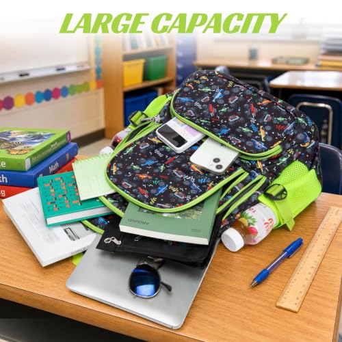 BLUEFAIRY Kids Backpacks for Boys Girls Ages 6-8 8-10 10-12 Elementary Middle School Backpack 17 Inch Back to School Bookbag with Laptop Compartment Mochilas Escolares para Niños Niñas (Green Car) - color: Green Car