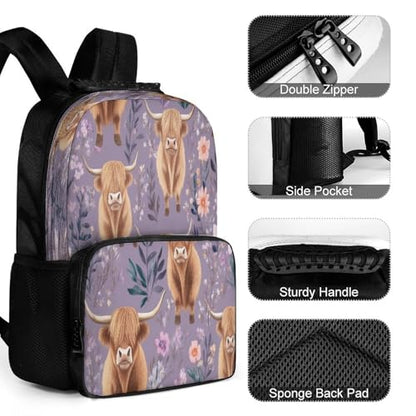 Supdreamc Daypack Polyester Anti-Theft Multipurpose Highland Cow Pink Flowers Art Bookbag Big Capacity Gym Outdoor Hiking Backpack With Adjustable Shoulder Straps - color: Pattern 424