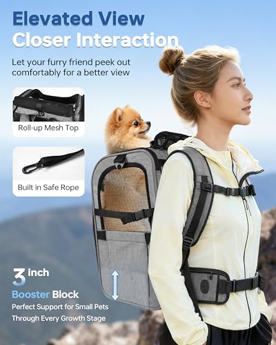 Hiking Dog Carrier Backpack, Padded Height-Enhancing Design, Adjustable Waist Cushioning Belt with Breathable Padded Back Support, Dog Carrier Backpack for Small Dogs Max 13LB Grey with Pad - color: Grey