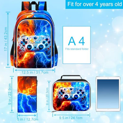 AGSDON 3PCS Game Console Backpack for Boys, 17" Kids Bookbag with Lunch Box for Boy, Flame Thunder Backpacks Water Resistant and Lightweight for Teen - color: Game