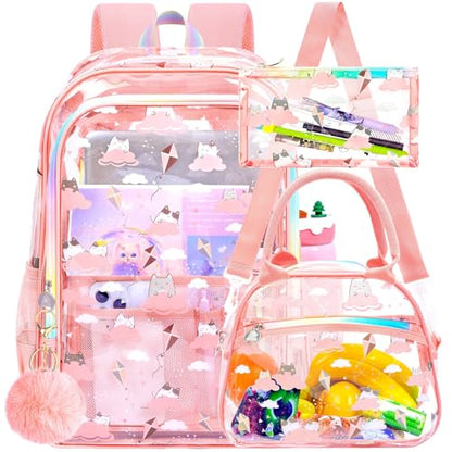 gxtvo 3PCS Girls Clear Backpack Heavy-Duty Set for Women & Teen, 17" Pink See Through Bookbag with Rainbow Strap, Cute Cloud Cat Transparent School Bag - color: Pink Cloud Cat Clear Backpack Set