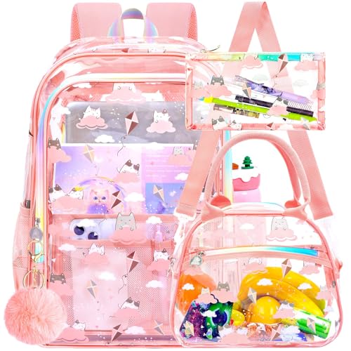 gxtvo 3PCS Girls Clear Backpack Heavy-Duty Set for Women & Teen, 17" Pink See Through Bookbag with Rainbow Strap, Cute Cloud Cat Transparent School Bag - color: Pink Cloud Cat Clear Backpack Set