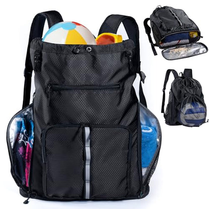 Large Beach Backpack w/Shoe Compartment &Detachable Ball Mesh Bag - color: Black