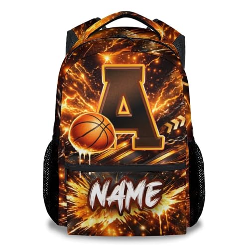 COZYAURA Basketball Backpack for Boys - Personalized Kids School Backpack with Initial Name - 17 Inch Sports Bookbag for Elementary Preschool Students - color: Orange