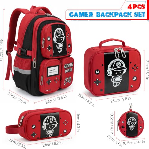 Boys Backpack, Luminous Gamer Backpack for Boys with Lunch Box,Pencil Case and Coin Puese,Kids Schoolbag Bookbag for Teen Boy Elementary Middle High School Travel(Black-Red) - color: Black-red