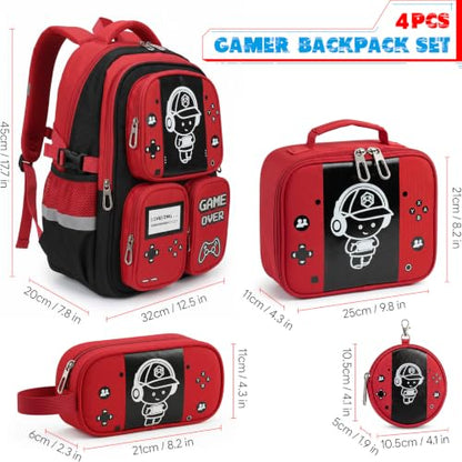 Boys Backpack, Luminous Gamer Backpack for Boys with Lunch Box,Pencil Case and Coin Puese,Kids Schoolbag Bookbag for Teen Boy Elementary Middle High School Travel(Black-Red) - color: Black-red
