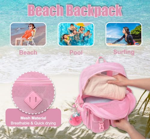 Mesh Backpack for Girls Boys, Heavy Duty Semi-Transparent Mesh Bookbag, Unisex, Pink, Large, Daypack Backpack, 21L, School, Sports, Beach, Travel - color: Pink