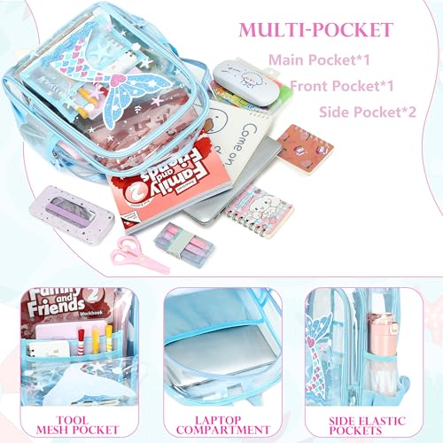 AO ALI VICTORY Clear Backpack for School,PVC Transparent Kids Bookbag for Girls Boys Cute Toddler Back Pack Kindergarten Elementary Schoolbag Stadium Approved See Through Backpacks, Blue Mermaid - color: Blue Mermaid