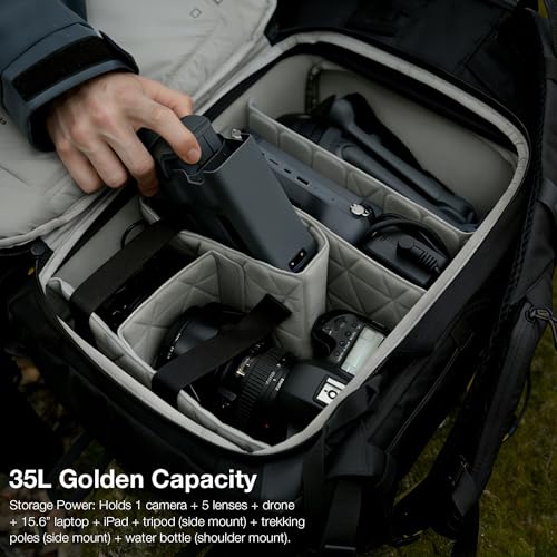 LEOFOTO 35L Camera Backpack for Photographer, Lightweight Waterproof Travel Camera Bag for Camera/Drone/15.6" Laptop, Photopraphy Bag with Side Access & Rain Cover, Tripod Compatible, 2.65KG - BLACK - color: 35l-bag+medium Insert-black