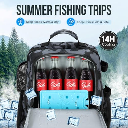 PLUSINNO Cooler Fishing Backpack with Rod Holders 45L Large Water-resistant Fishing Tackle bag Store Fishing Gear Fishing Gifts for Men Father - color: Black Camo