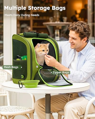 Pecute Cat Backpack Carrier,Large Space Cat Bubble Backpack,Ergonomic,Green | Color Blocking,Sunshade curtain,Folding bowl,Transparent window,Sturdy,Large mesh on both sides for breathability - color: Green-on-Green Color Blocking