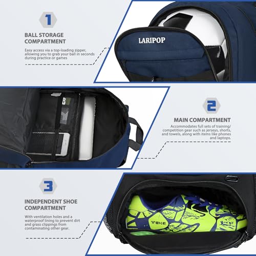 LARIPOP Soccer Backpack with Ball Holder & Shoe Compartment Large Capacity Sports Bag for Training - color: Dark Blue
