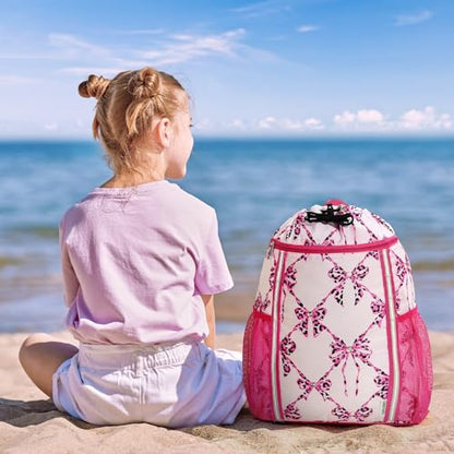 WAWSAM Drawstring Backpack, Bowknot Drawstring Gym Bag, Waterproof Swim Bag for Beach String Cinch Backpack with Two Mesh Water Bottle Pocket - color: Bowknot