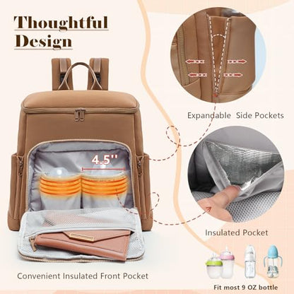 Diaper Bag Backpack, Neoprene Bag Backpack, Large Diaper Backpack with 16 Diaper Bag Organizers, 4 Insulated Pockets, Lighweight Travel Baby Bag with Changing Pad for Mom & Dad, Brown - color: Brown