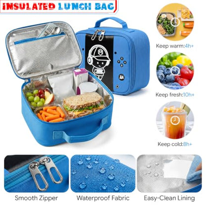 Boys Backpack, Luminous Gamer Backpack for Boys with Lunch Box,Pencil Case and Coin Puese,Kids Schoolbag Bookbag for Teen Boy Elementary Middle High School Travel (Black-Blue) - color: Black-blue