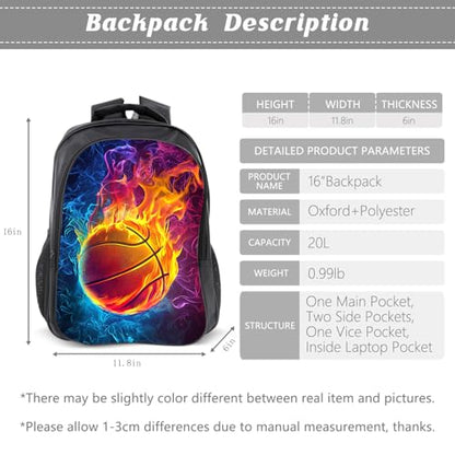 Basketball Backpack Kids Sports Bookbag 16inch Schoolbag With Lunch Box Bag And Pencil Case Set For Boys Girls - color: Basketball