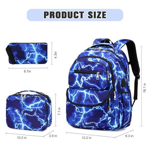 Bevalsa Backpack for Boys, Lightning School Bags with Lunch Bag & Pen Case for Kids, Bookbag for Boys Girls Teens - color: B-lighting