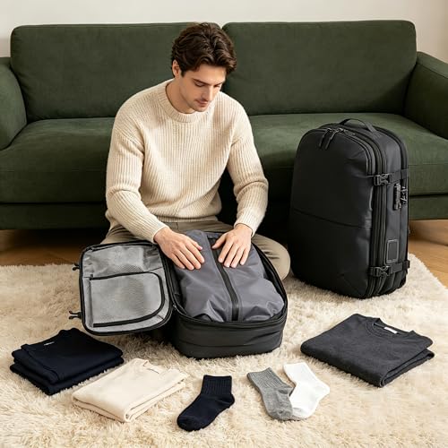 LIGHTGO] Travel-friendly Vacuum Packing Backpack with Built-in Air Pump, Portable Compression Cube, TSA-approved Lock, and Waterproof for College Students and Family Trips.