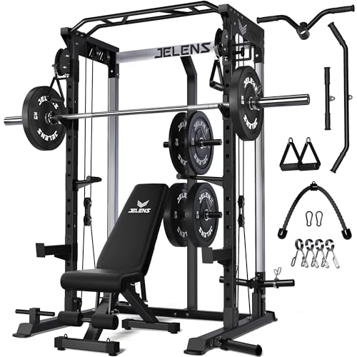JELENS C21 Power Cage, 2000LBS Multi-Function Power Rack with Independent Dual Pulley System, All-in-One Squat Rack for Cable Crossover, Home Gym Workout Machine - color: Black, size: 140LBS Black Weights Package