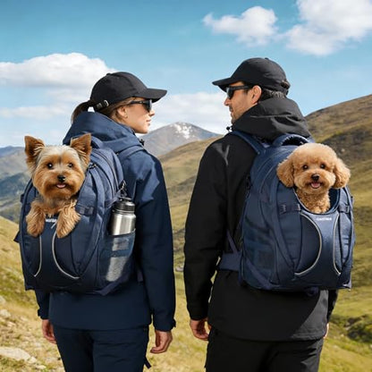 Dog Backpack Carrier for Hiking, Pet Travel Bag up to 18 lbs, 2-in-1 Foldable Cat Backpack with Laptop Compartment, Reinforced Ventilated 600D Nylon Rucksack for Walking Camping Commuting - color: Navy Blue