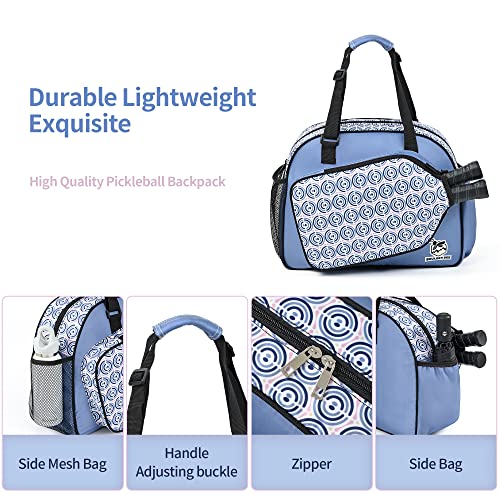 Boulder Bee Pickleball Bags, Premium Pickleball Tote Bag for Girls, Women’s Hand/Shoulder Gym Bag w Water Bottle Holder, with Pickleball Racquet/Paddle Holder - color: Blue Circle