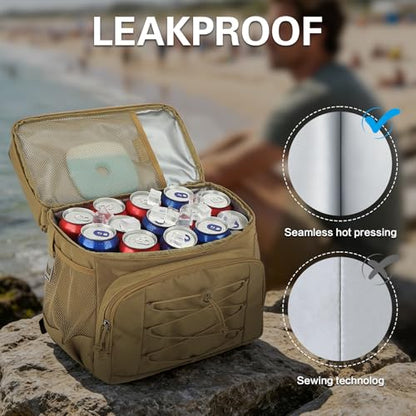 Tactical Double Deck Cooler Backpack for Men, Insulated Cooler Bag with 2 Compartment, 36 Cans Soft Military Insulated Lunch Backpack Waterproof Leakproof for Beach, Camping, Picnic, Hiking - color: Brown