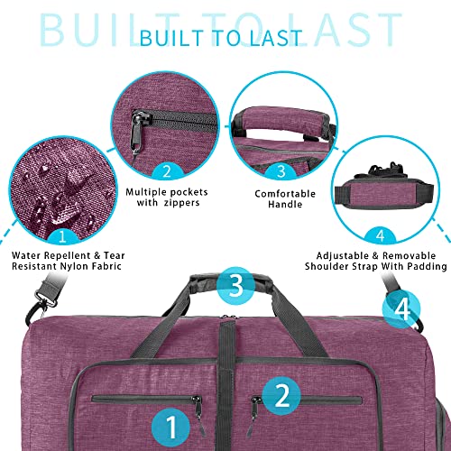 Vomgomfom 65L/85L/115L Foldable Travel Duffle Bag, Lightweight Checked Luggage with Shoe Compartment, Water-Resistant Weekender Overnight Bag for Men & Women - color: I Purple, size: 65L