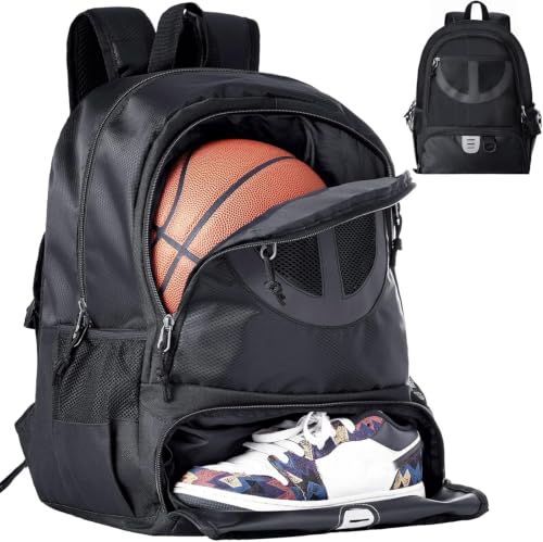 Basketball Bag Backpack for Men Women with Ball & Shoes Compartment 30L Capacity Lightweight Breathable Boys Girls Soccer Ball Bag Backpack Fit Volleyball Football Sports Travel School Gym - color: TK8Black